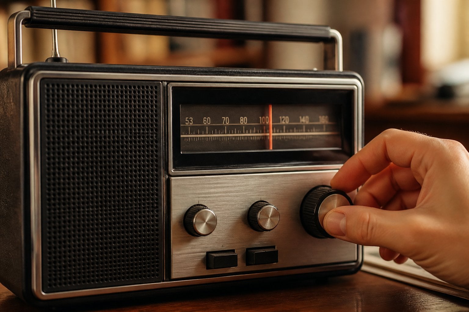 Close-up of a hand adjusting the tuning dial on a vintage AM radio.