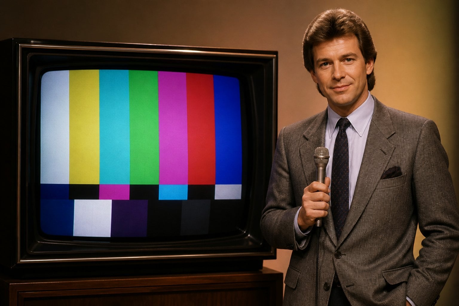 A man in a suit holding a microphone stands next to a vintage TV displaying a colorful test pattern screen.