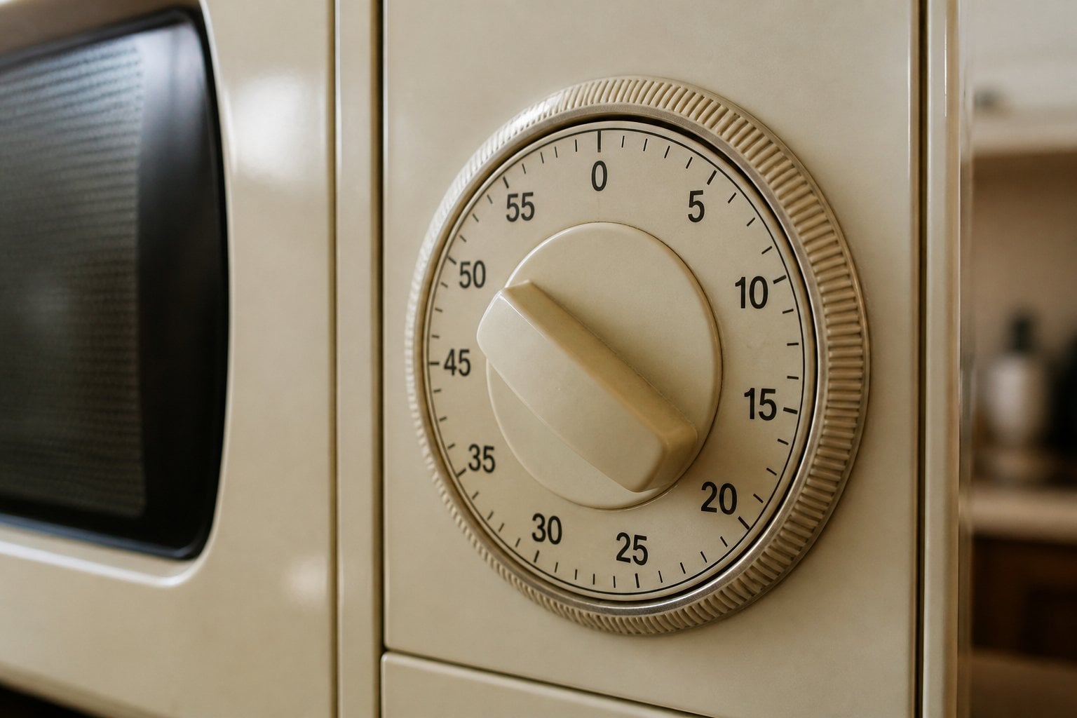 Close-up of a vintage microwave oven mechanical timer dial with numbers, showing it ticking down.