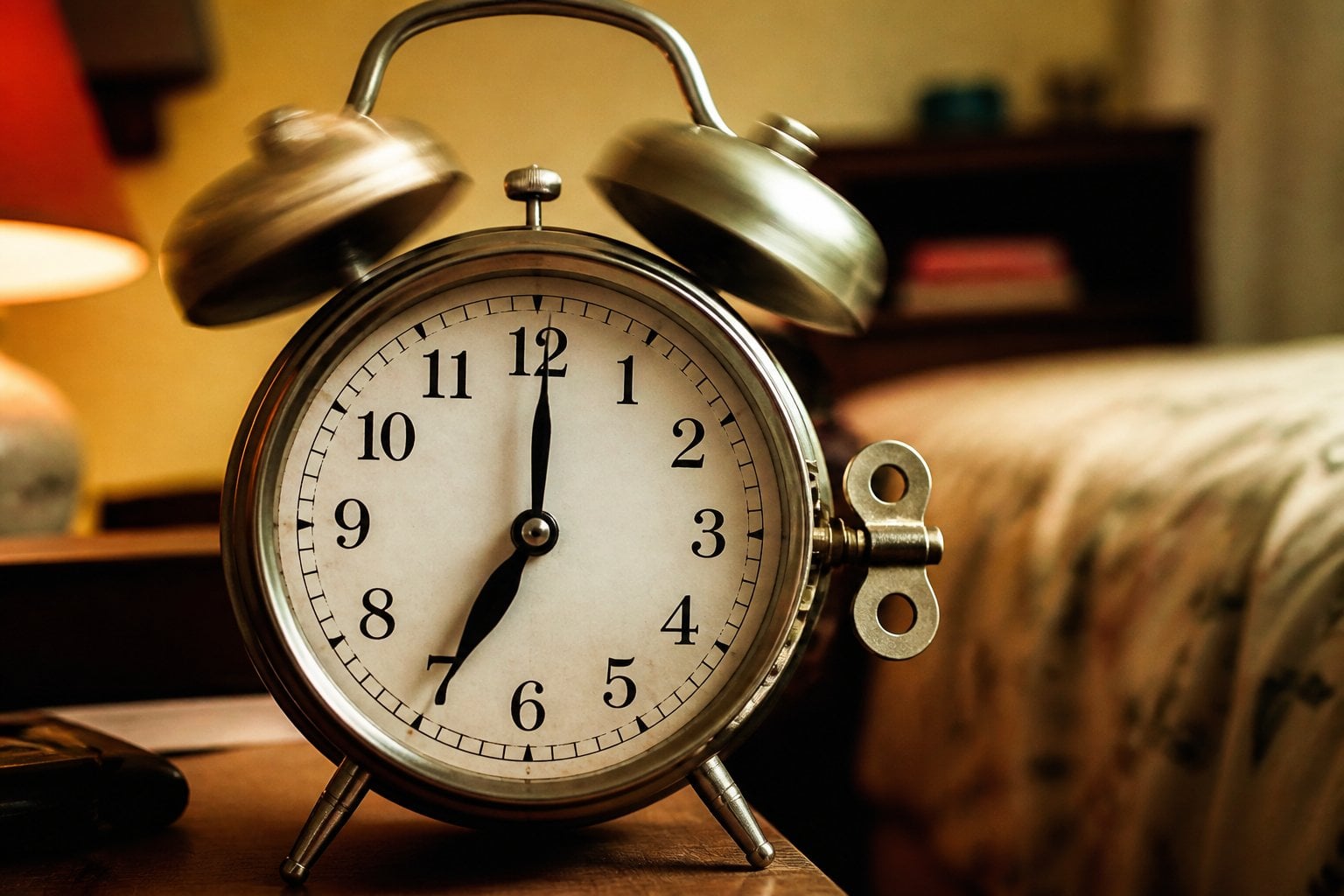 Close-up of a vintage analog alarm clock with ringing twin bells and visible winding key.