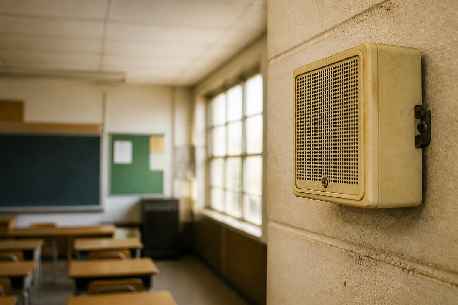 Close-up of an old school PA system speaker mounted on a classroom wall with desks and a chalkboard in the background.
