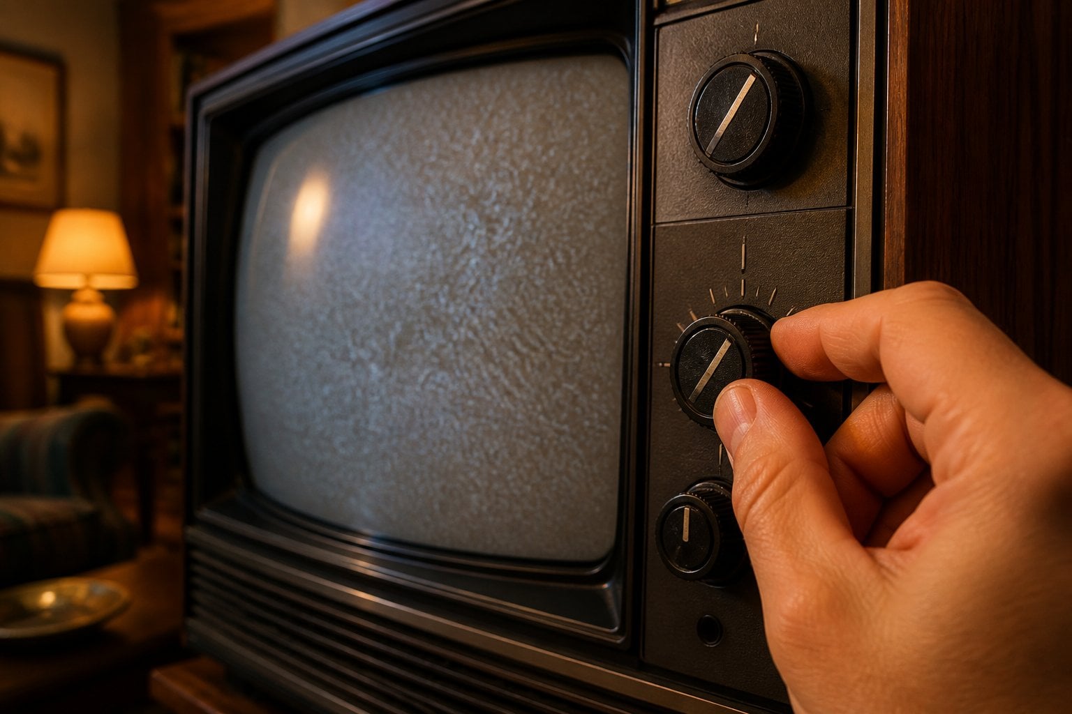 Close-up of a vintage 1980s tube television showing the knobby vertical hold adjustment dial and warm glowing screen in a cozy living room.