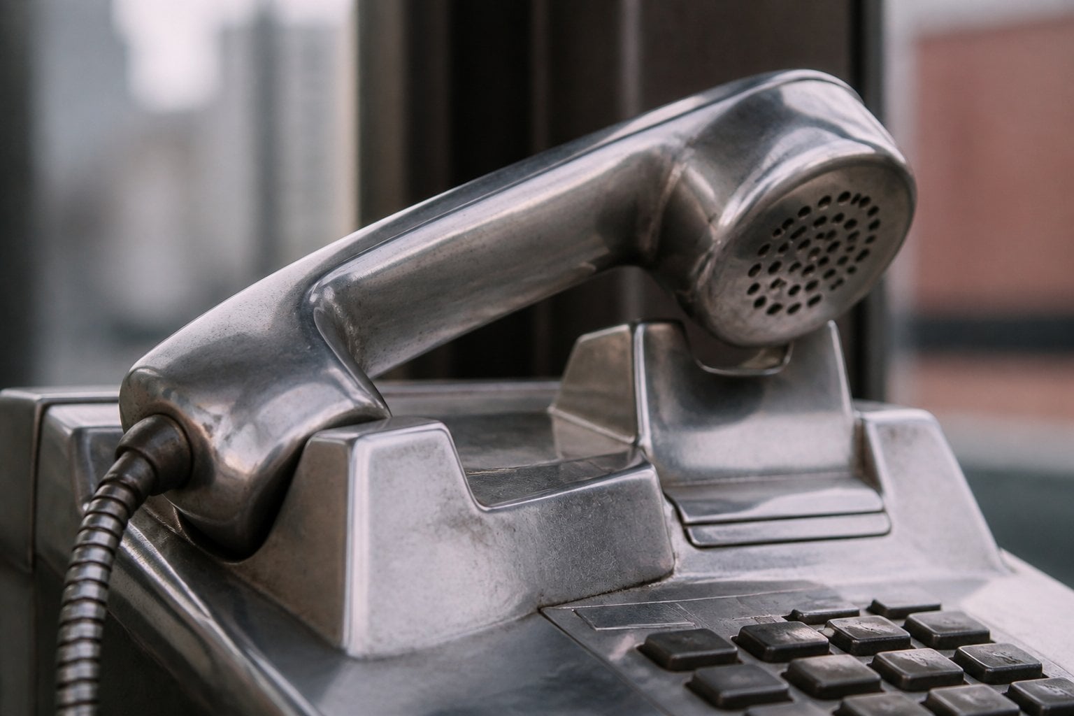 Close-up of a vintage metallic payphone handset resting on the payphone base.