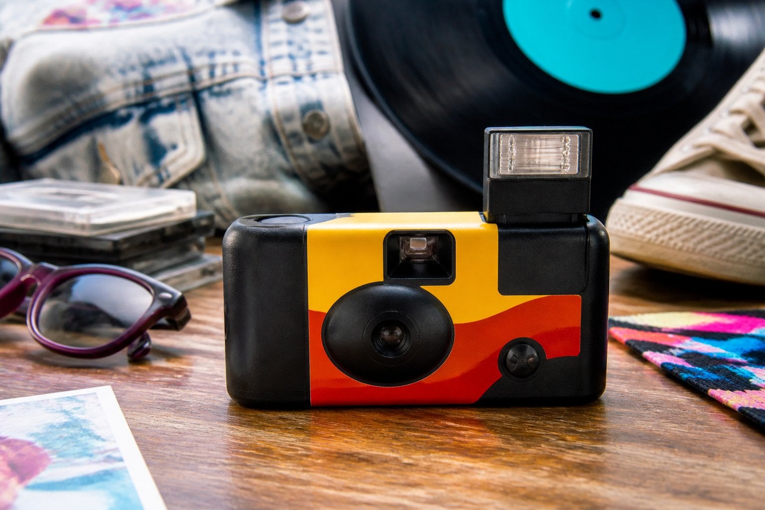 Close-up of a disposable single-use camera with its flash bulb popped, resting on a wooden table with 1980s items like cassette tapes and sunglasses in the background.