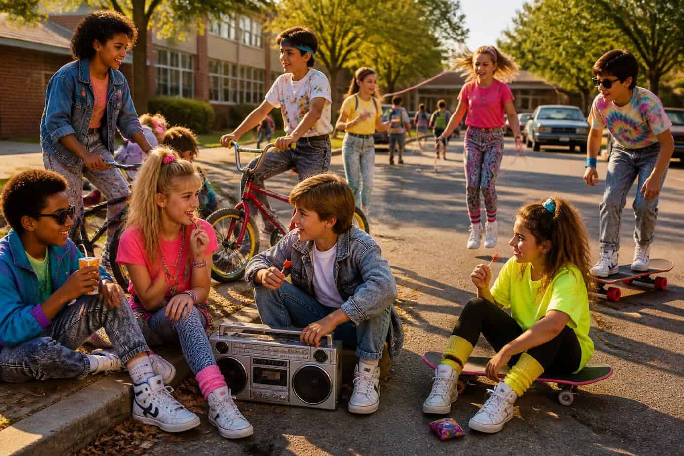 Children playing and enjoying various activities after school in a 1980s suburban neighborhood on a sunny afternoon.