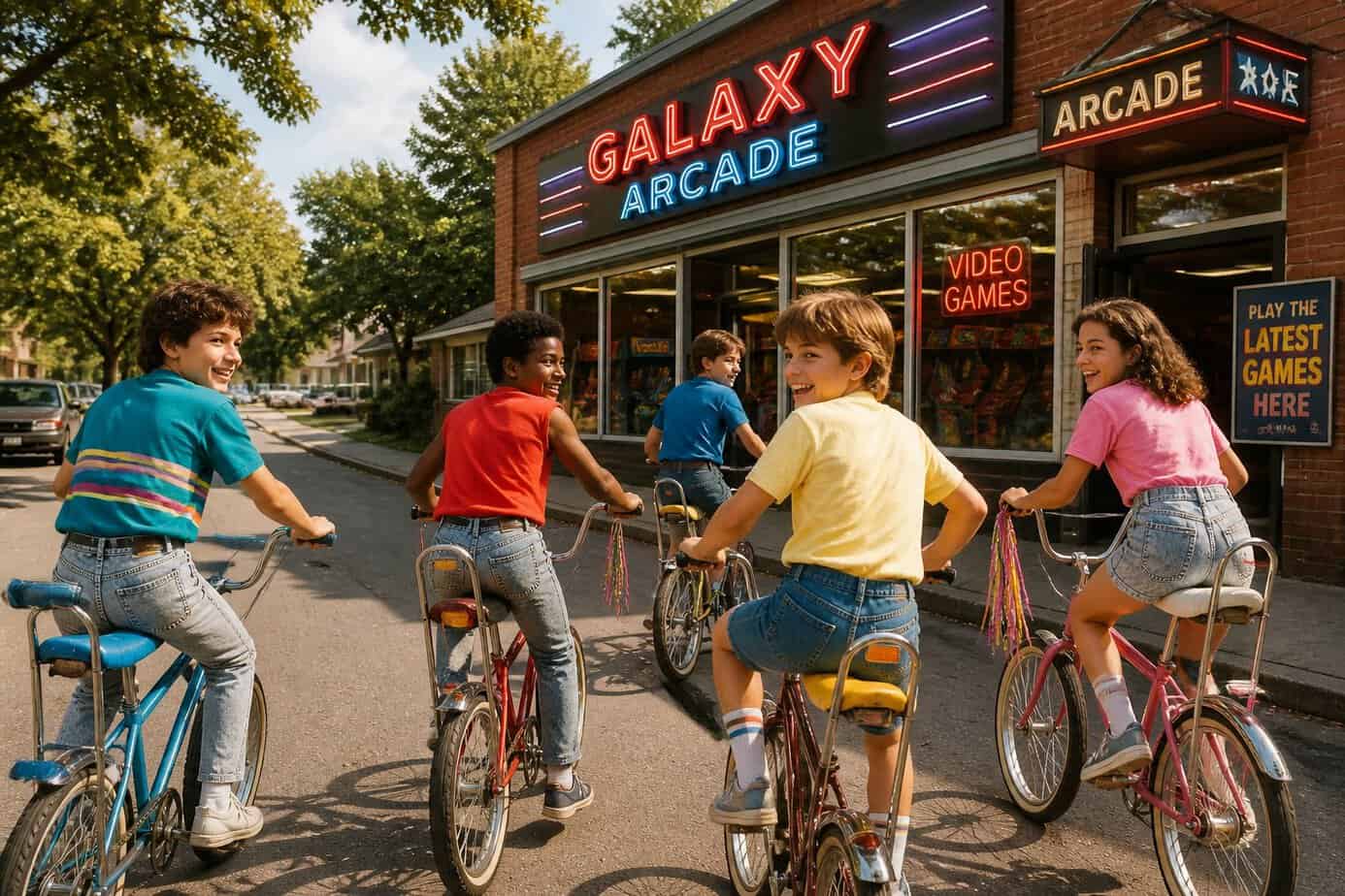 Children riding bicycles on a sunny suburban street toward a local arcade building.