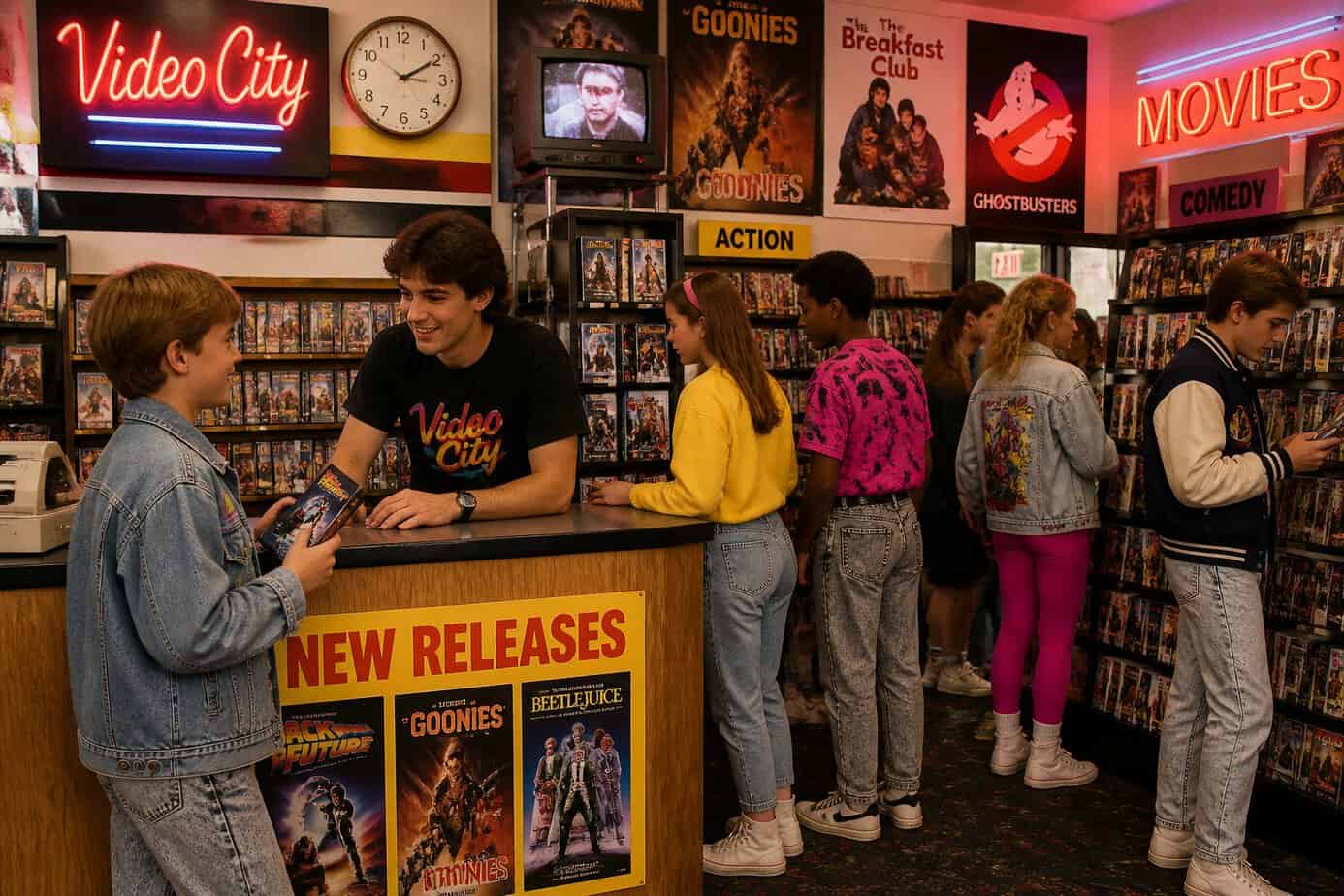 Children and teenagers browsing VHS tapes in a video rental store, selecting movies after school.