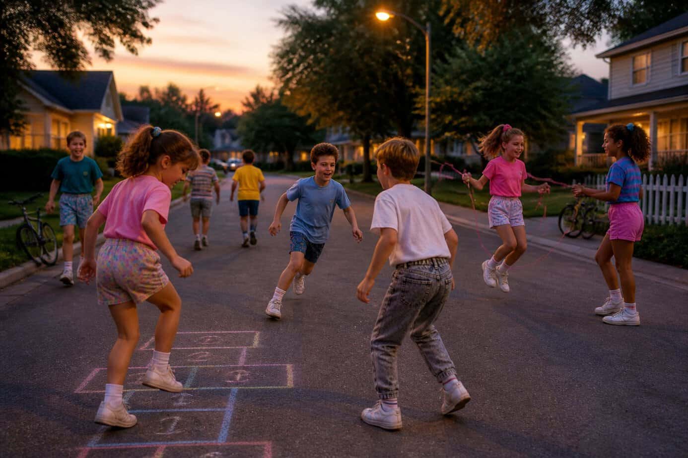 Children playing outside on a suburban street at dusk as streetlights begin to turn on.
