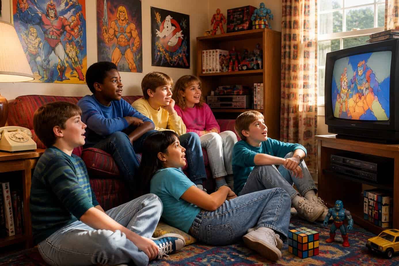Children sitting on a couch watching cartoons on an old television in a cozy living room filled with 1980s toys and decorations.