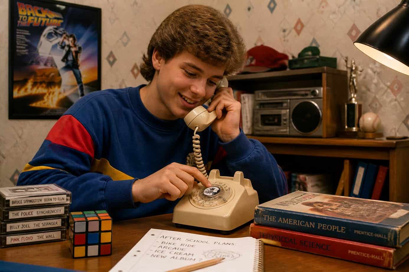 Person dialing a rotary phone in a cozy room decorated with 1980s style items.