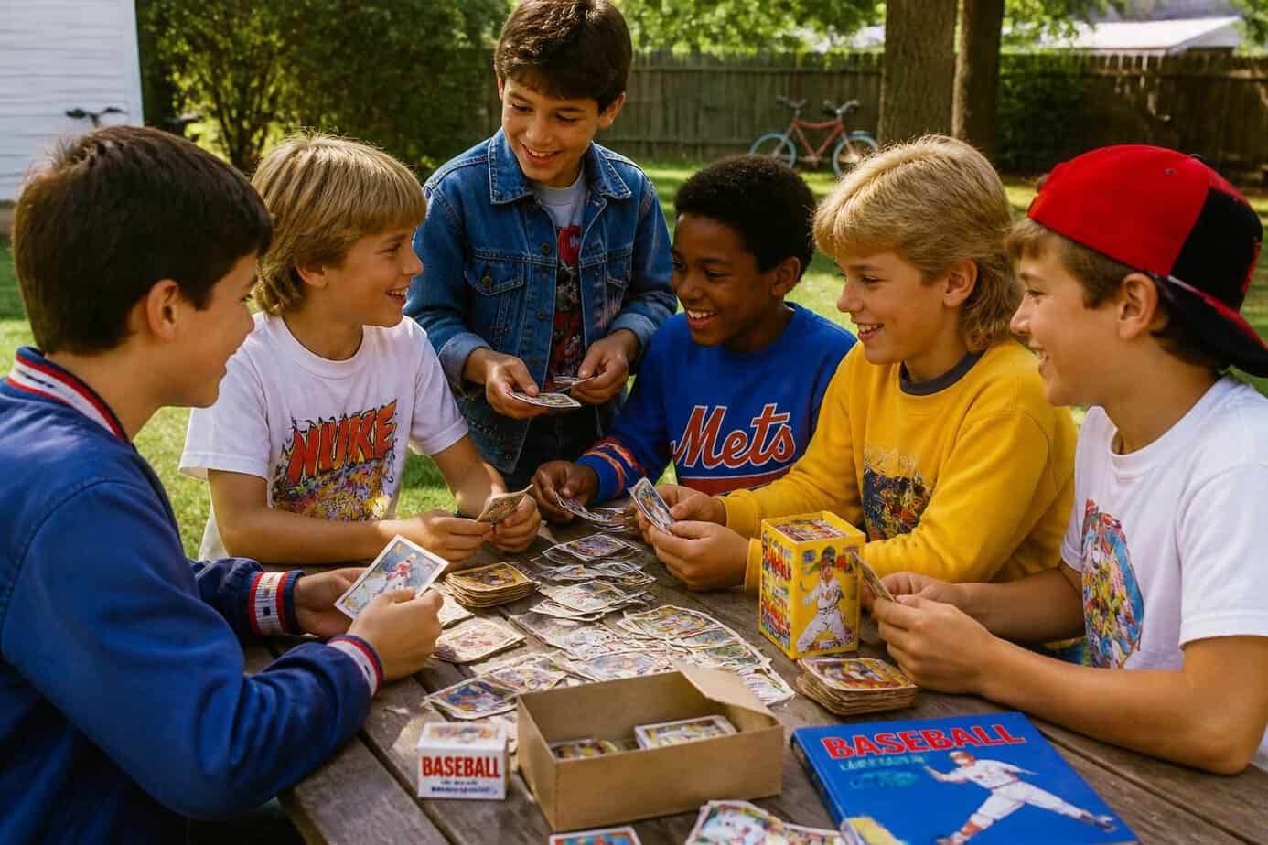 Children trading baseball cards outdoors around a picnic table on a sunny day.