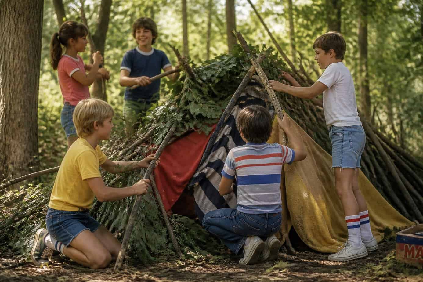 Children building a fort outdoors in a green wooded backyard, working together with sticks and blankets.