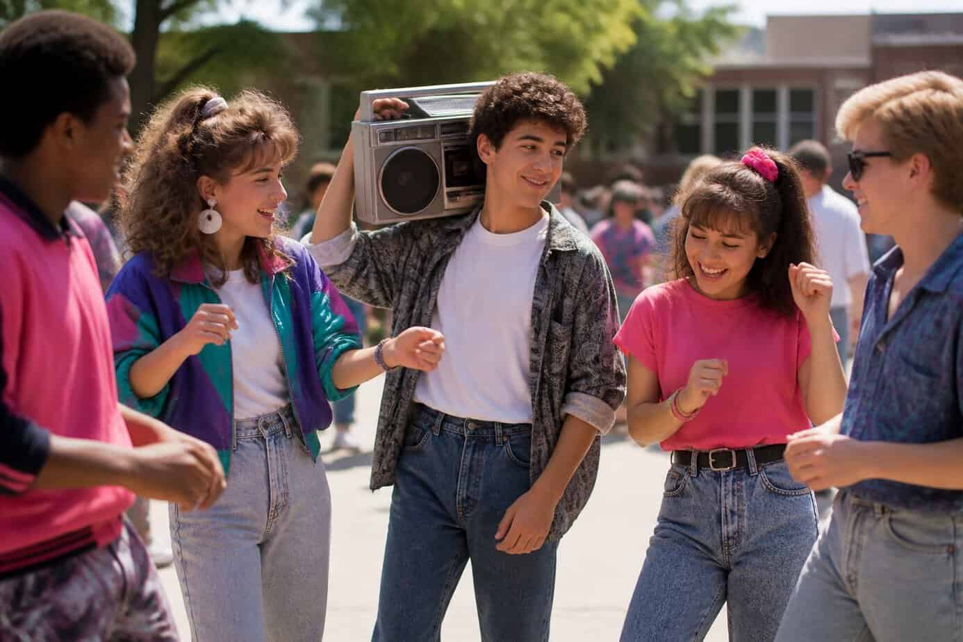 A group of teenagers outside after school enjoying music from a boombox, dressed in 1980s clothing.