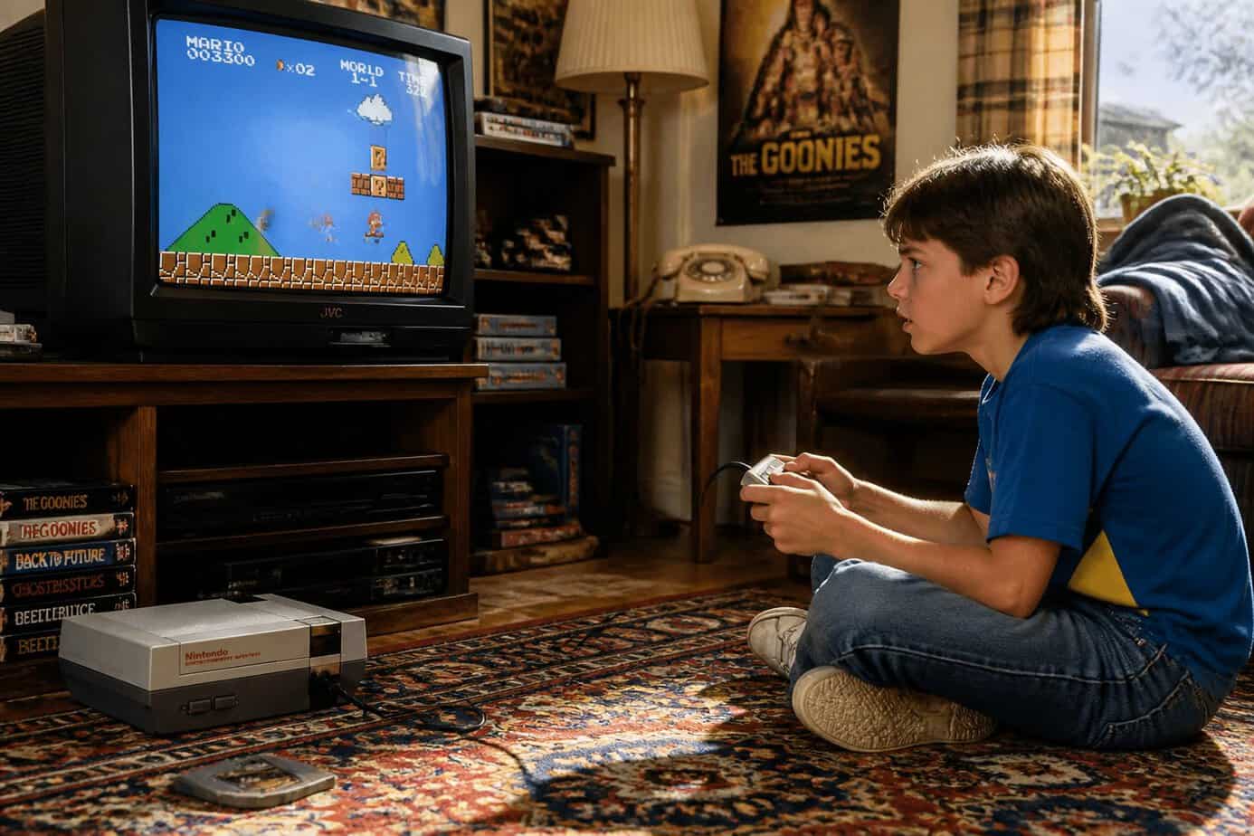 Child playing Nintendo Entertainment System video games in a living room after school.