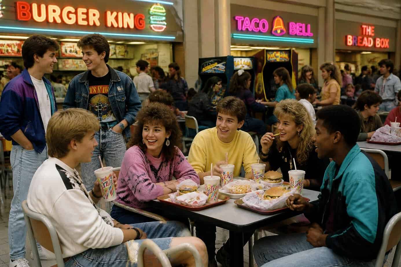 Teenagers hanging out and eating food together in a busy mall food court.