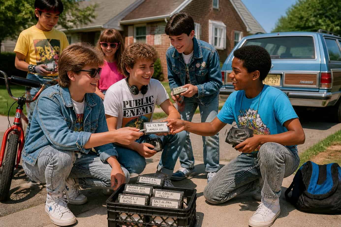 Group of kids outside after school exchanging cassette tapes and listening to music on portable players in a suburban neighborhood.