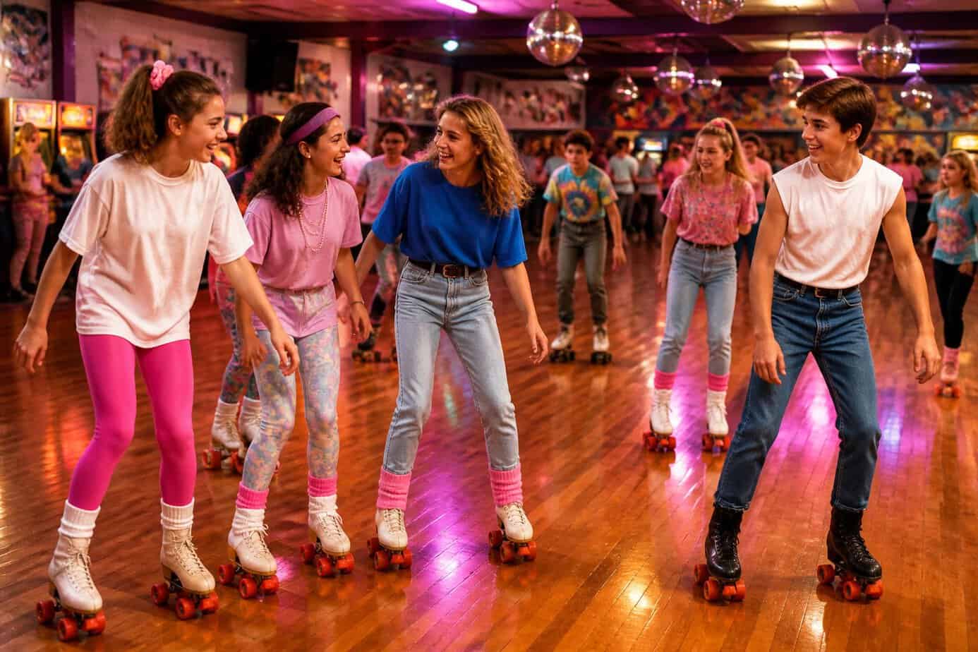 Children and teenagers roller skating and having fun inside a colorful indoor roller rink.