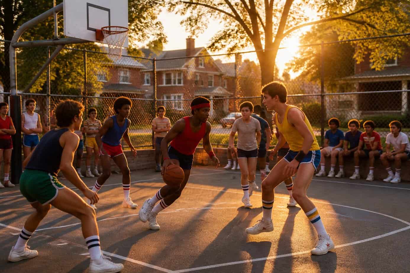 Kids playing a lively pickup basketball game on an outdoor court in a neighborhood after school.