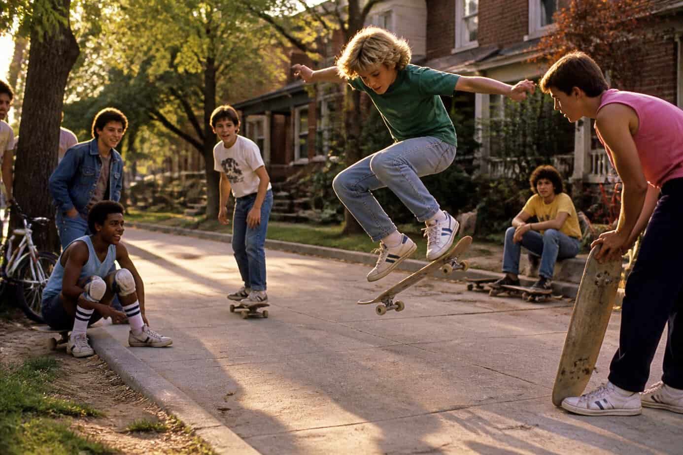 Children and teenagers skateboarding and practicing tricks on a suburban sidewalk in the afternoon.