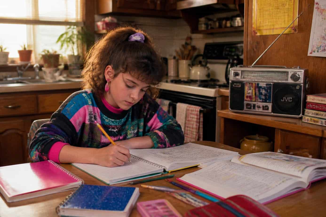 A child doing homework at a kitchen table with a vintage radio nearby.