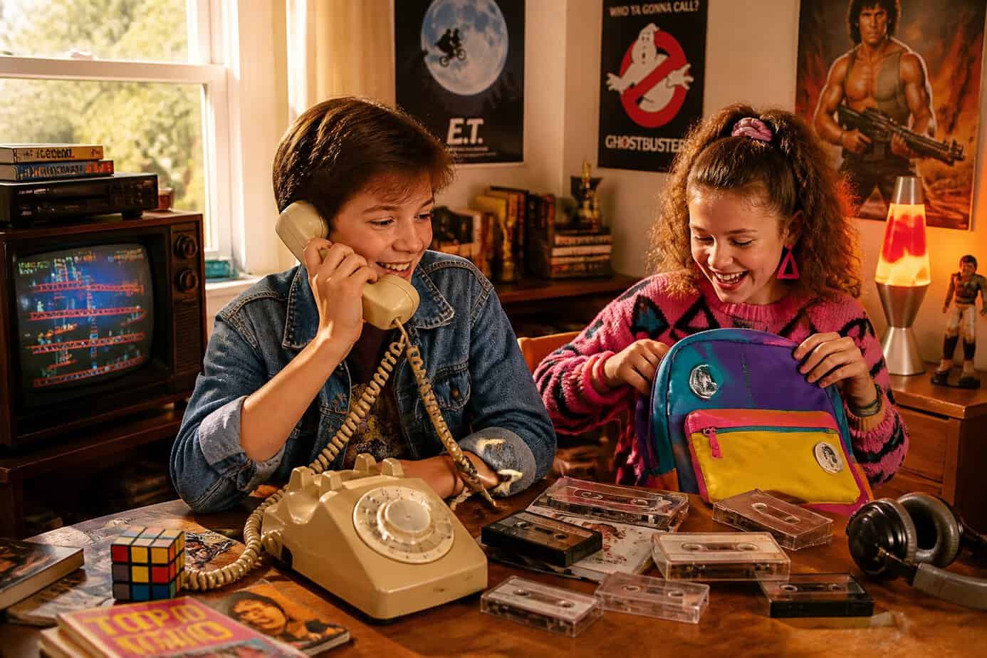 Two children sitting at a desk in a living room, one holding a rotary phone and smiling while the other laughs, surrounded by 1980s toys and decor.
