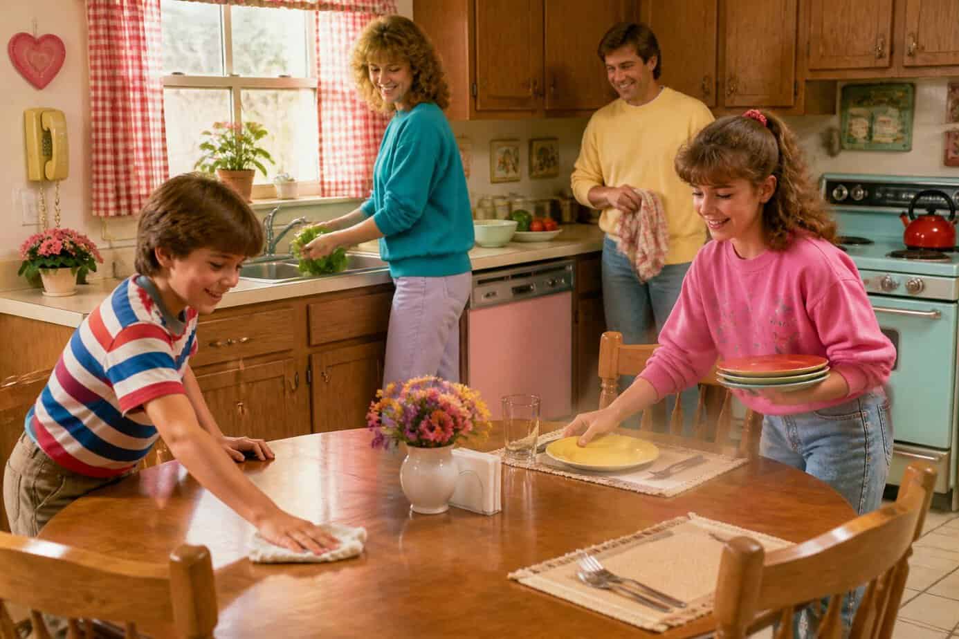A family in a kitchen working together on chores before dinner, with children wiping the table and setting it while a parent washes vegetables.