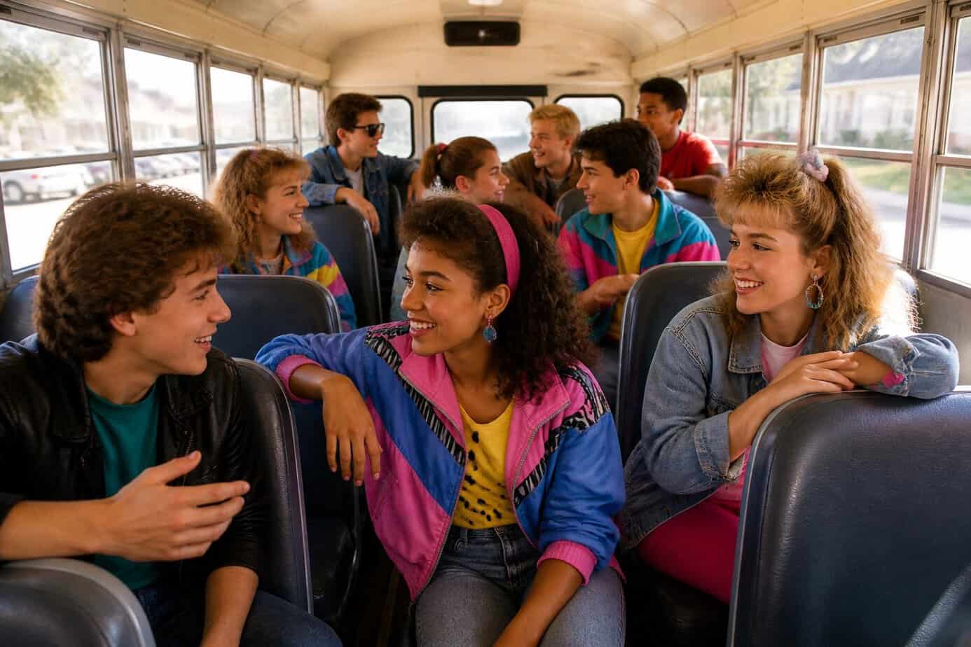 A group of smiling teenagers riding a school bus together after school, talking and enjoying each other's company.