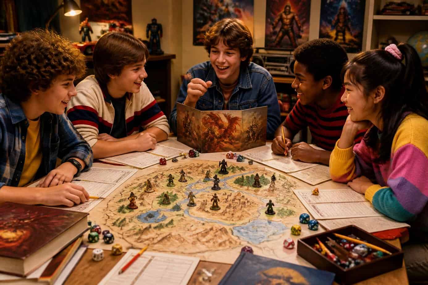 A group of children playing a tabletop role-playing game around a table with a homemade fantasy map and game pieces.