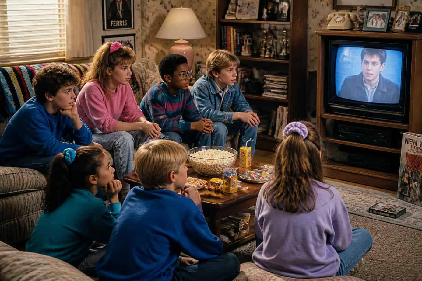 Children sitting in a living room watching an old television together, enjoying an after-school TV show.