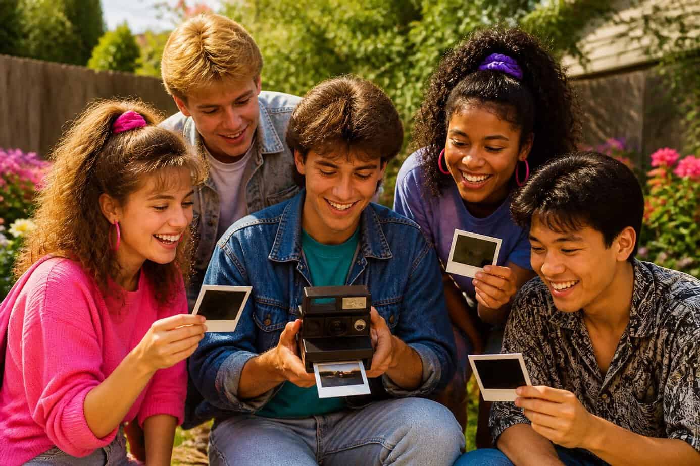 A group of friends outdoors happily taking Polaroid photos together on a sunny day.