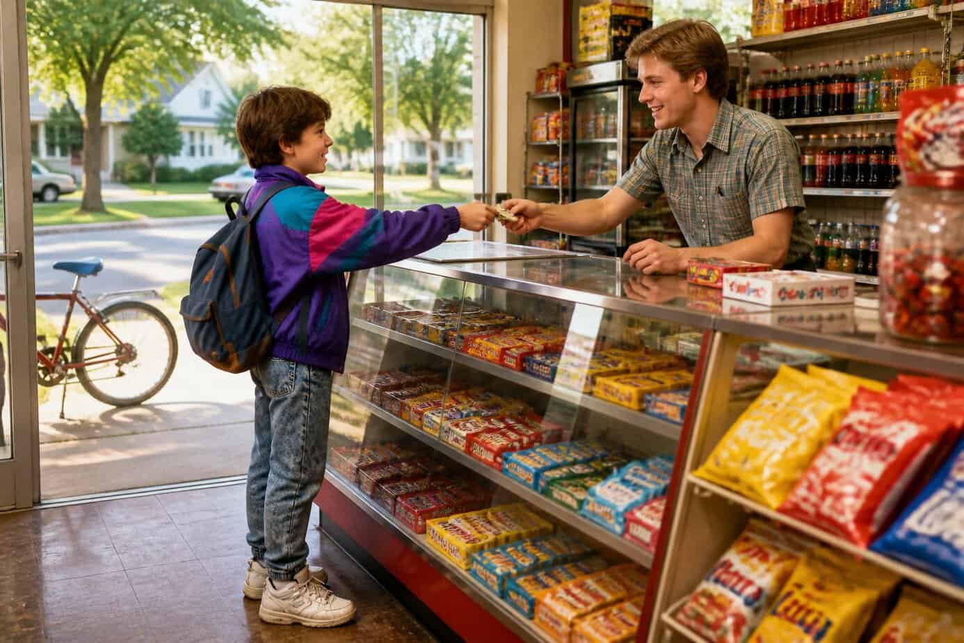 A child buying snacks from a corner store with a store clerk behind the counter.