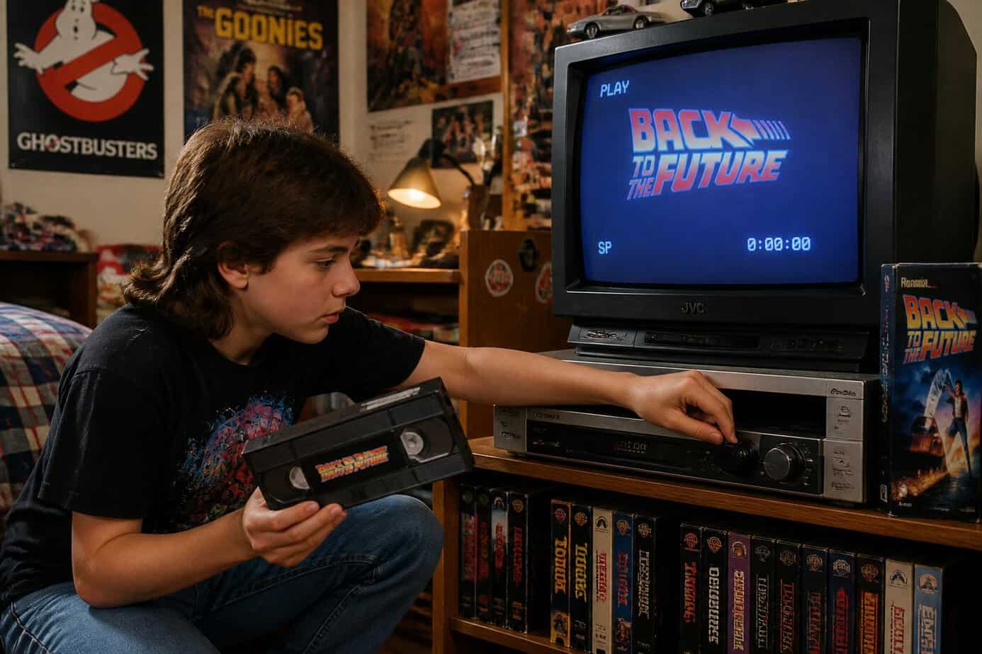 A child tuning and swapping VHS tapes on a VCR in a living room filled with 80s decor.
