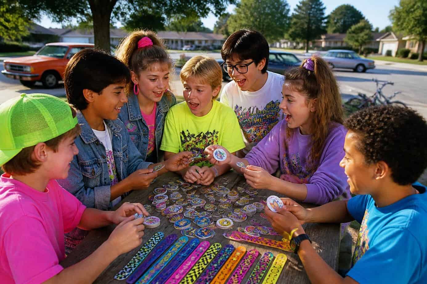 A group of children outdoors after school trading colorful pogs and slap bracelets on a table, surrounded by suburban houses and trees.
