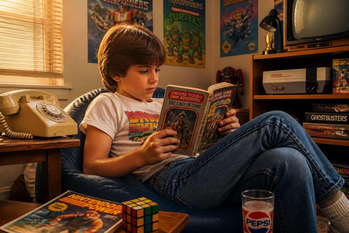 A child sitting in a living room reading a colorful book surrounded by 1980s toys and decorations.