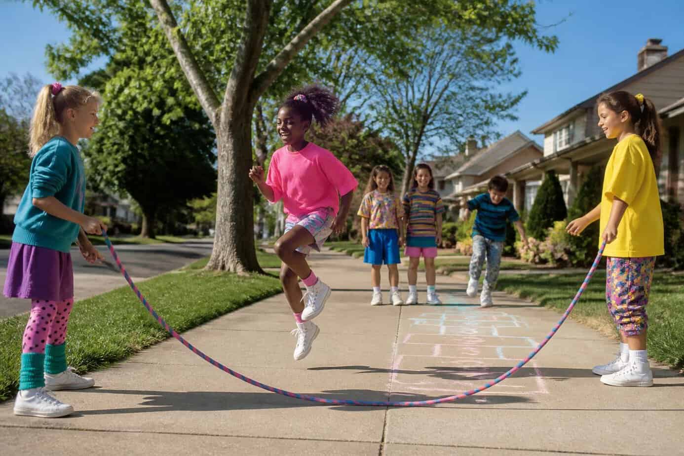 Children playing hopscotch and double Dutch jump rope on a sidewalk in a suburban neighborhood.