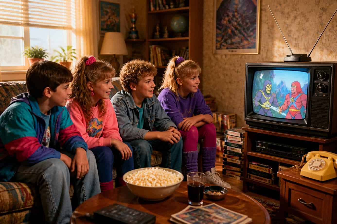 Children sitting on a couch watching cartoons on a vintage television in a cozy living room.