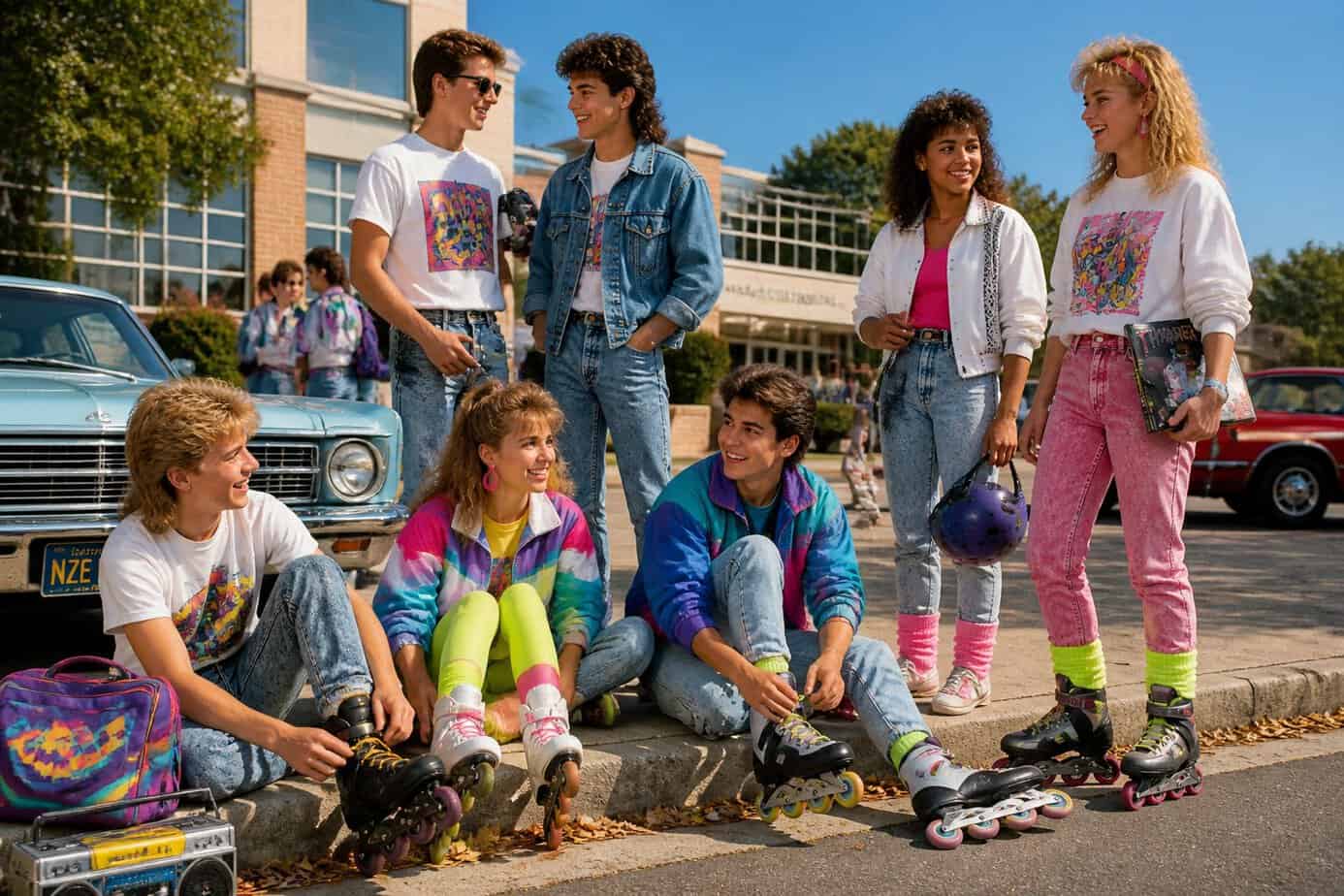 A group of teenagers in 1980s clothing preparing for a rollerblading meet outside a school on a sunny day.