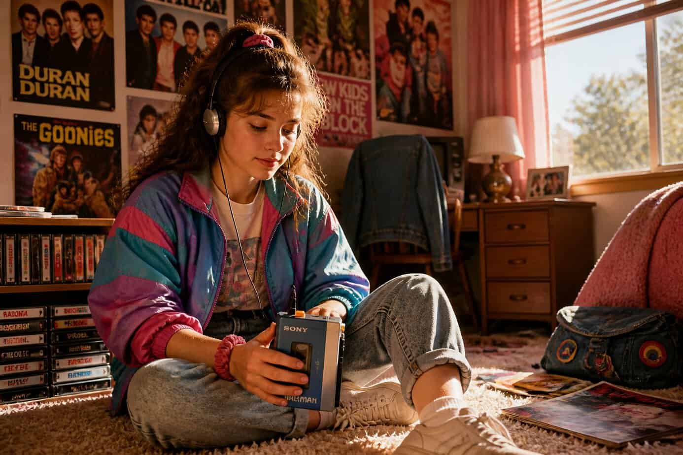 A young person sitting indoors after school, listening to music on a Walkman with headphones, surrounded by 1980s decor and cassette tapes.