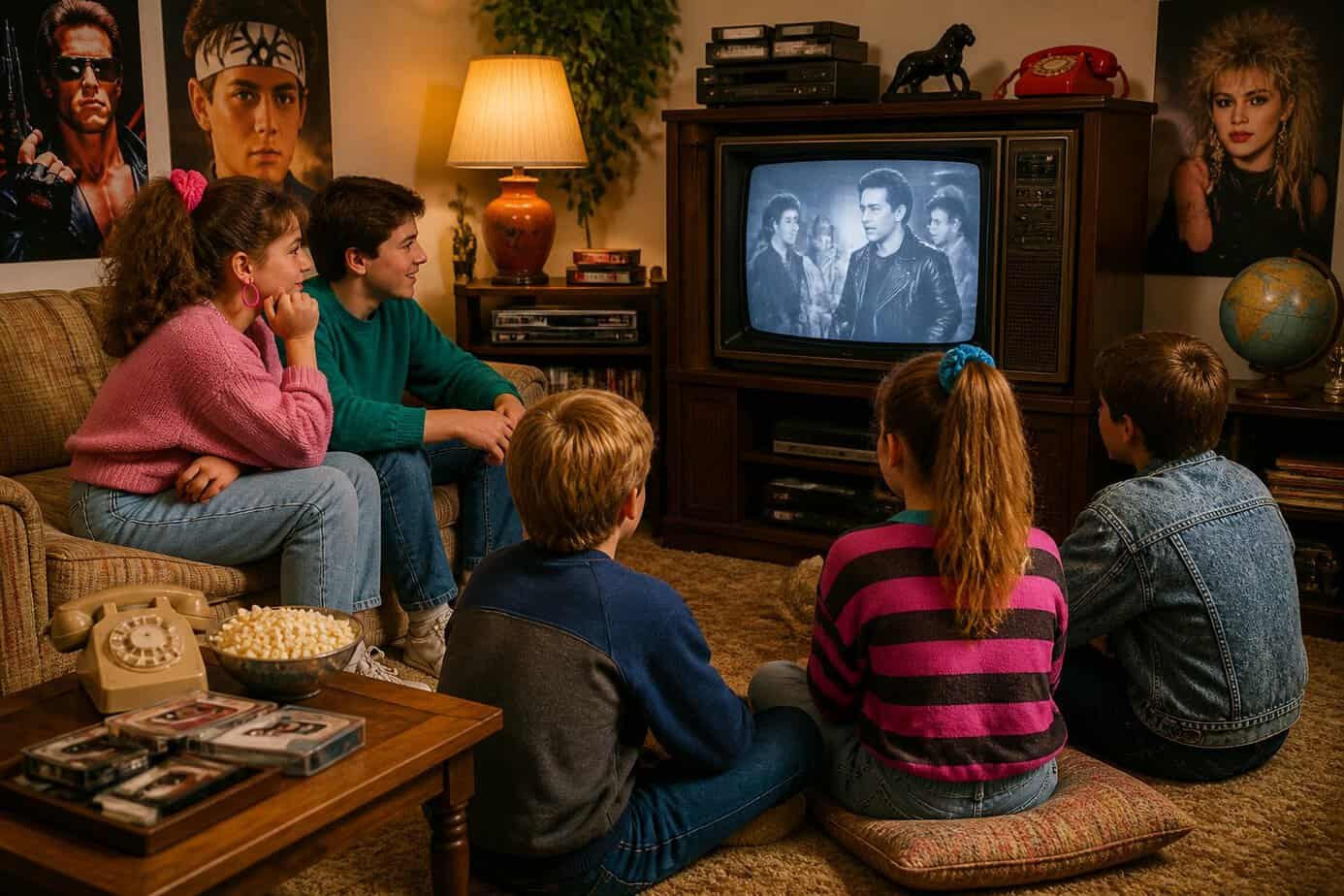 Children sitting in a living room watching a classic TV show on an old television set.