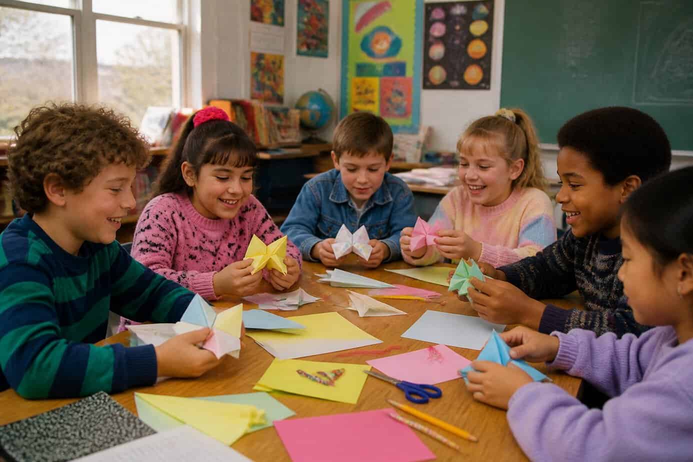 Children sitting around a table in a classroom making paper fortune tellers and folding notes.