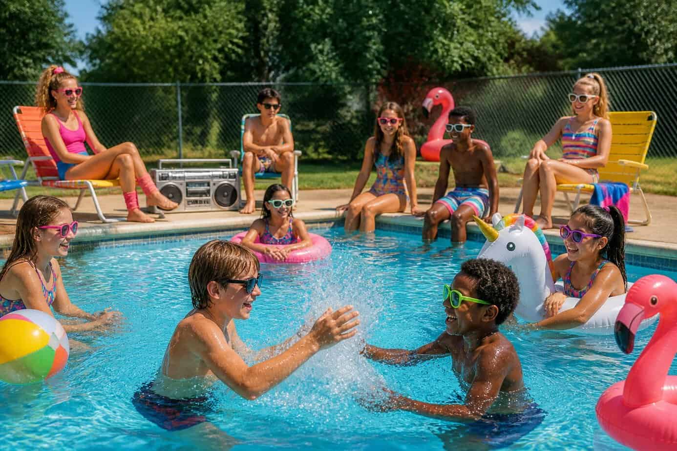 Children and teenagers enjoying a sunny summer day at a neighborhood pool, playing in the water and relaxing poolside.