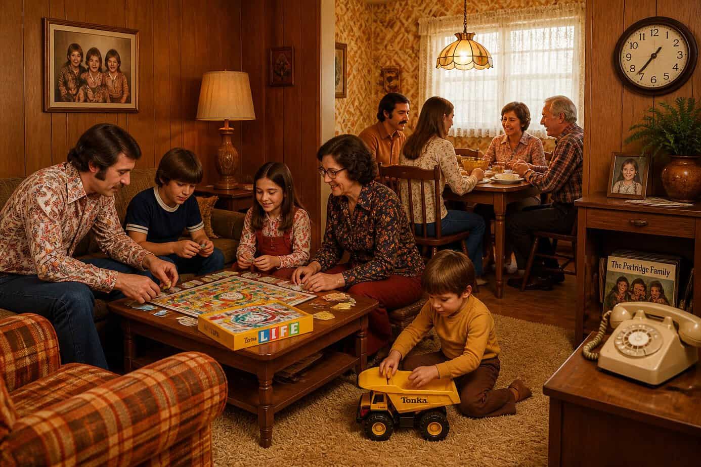 A multi-generational family in 1970s clothing gathered in a cozy living room, playing board games and sharing a meal together.