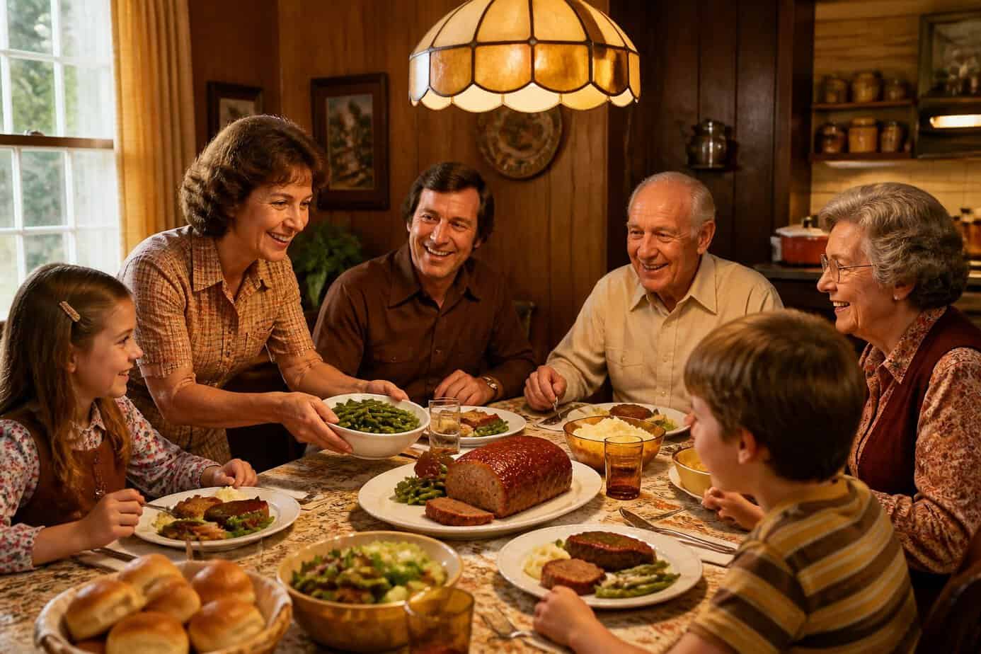 A multi-generation family gathered around a dining table enjoying a Sunday dinner with meatloaf and green beans in a cozy dining room.