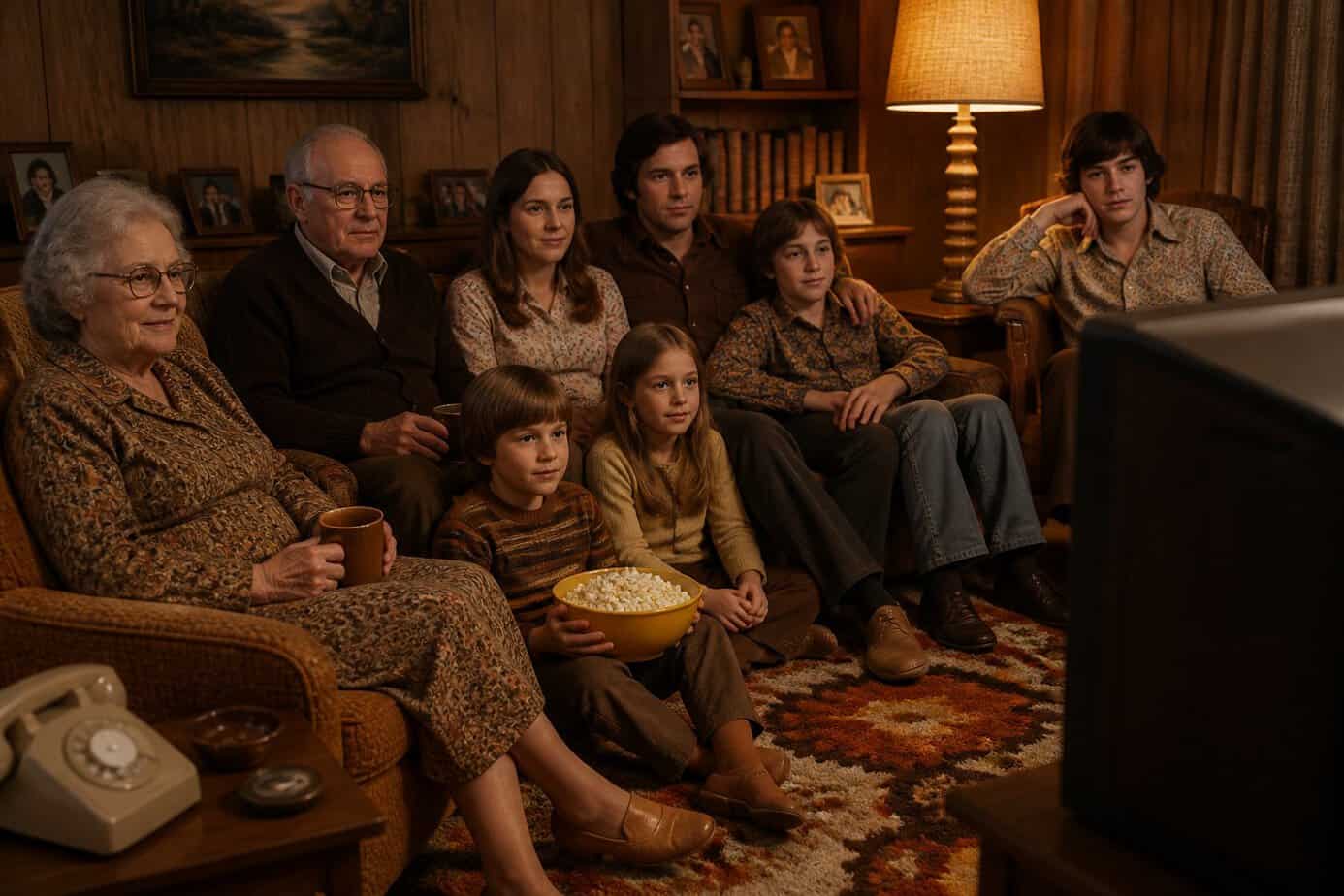 A family of multiple generations sitting together in a living room watching the evening news on television.