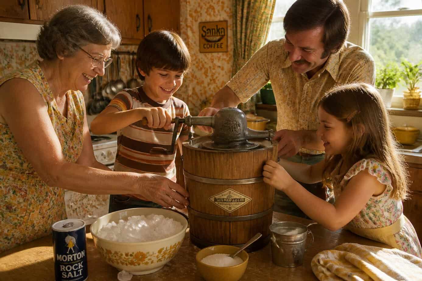 Family members making homemade ice cream together using a vintage hand-crank ice cream churn in a 1970s kitchen.