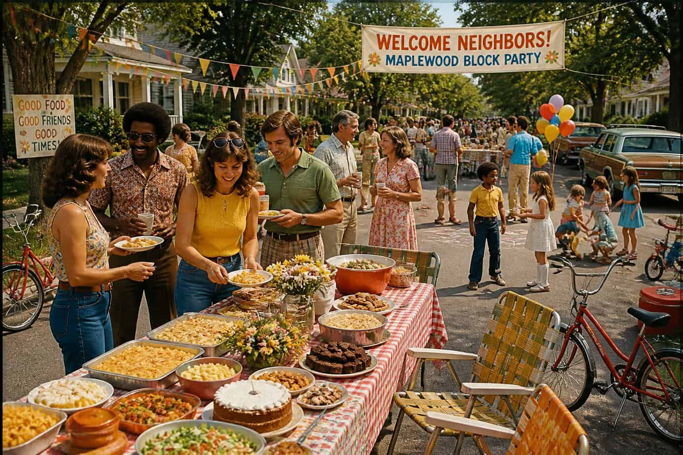 Families and neighbors enjoying a sunny neighborhood block party with tables full of potluck dishes, children playing, and people socializing outdoors.