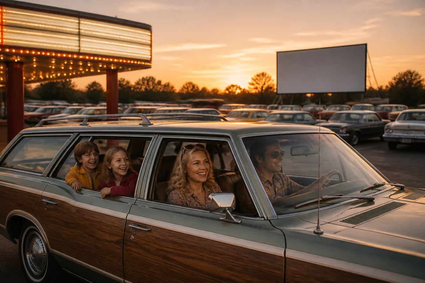 A family of four in a vintage station wagon driving to a drive-in movie theater at sunset.