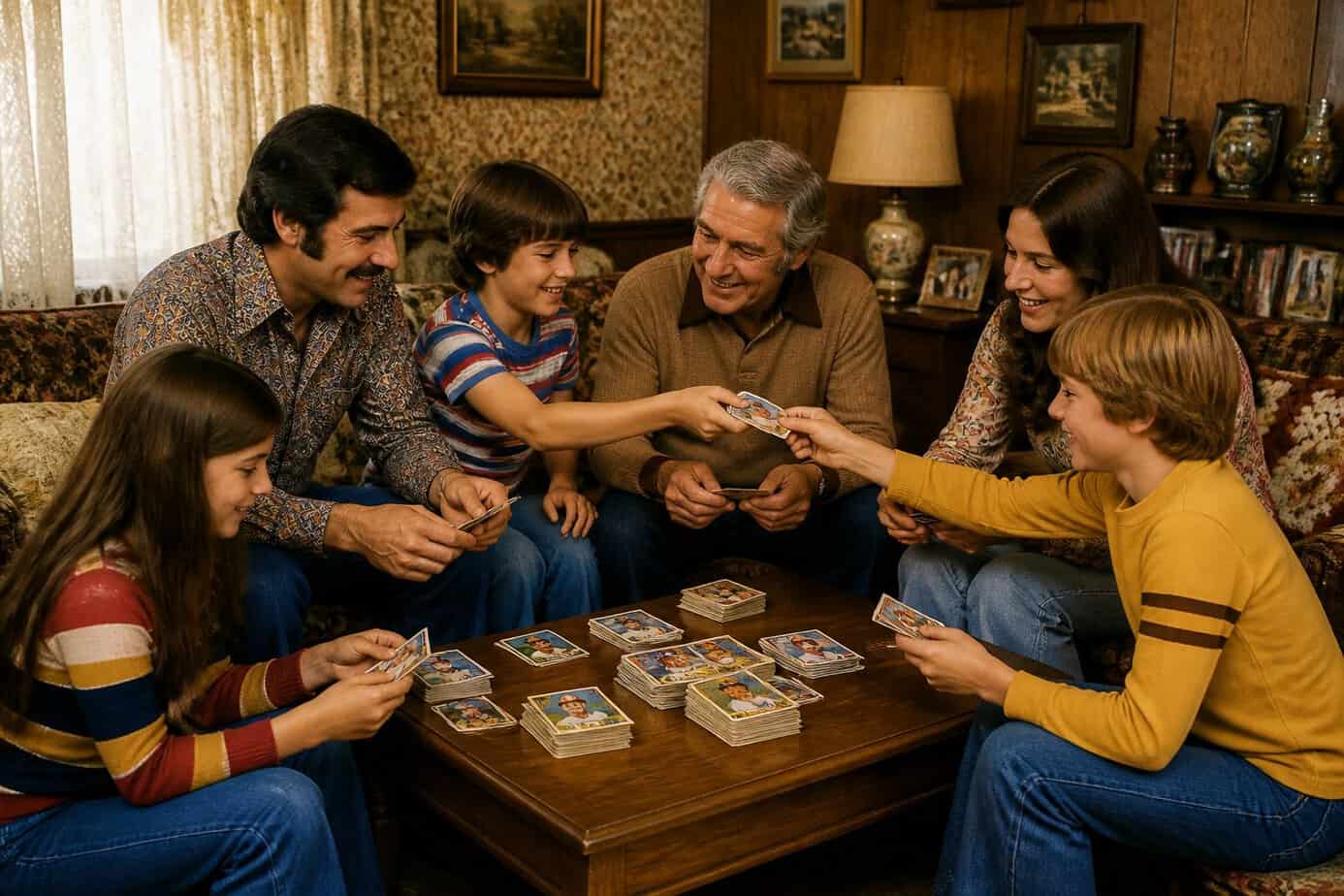 A family from the 1970s gathered around a table, happily trading and looking at baseball cards in a cozy living room.