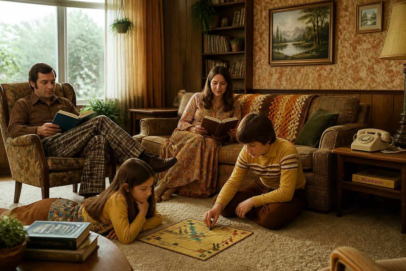 A family spending a quiet Sunday afternoon together in a 1970s living room, reading and playing board games.