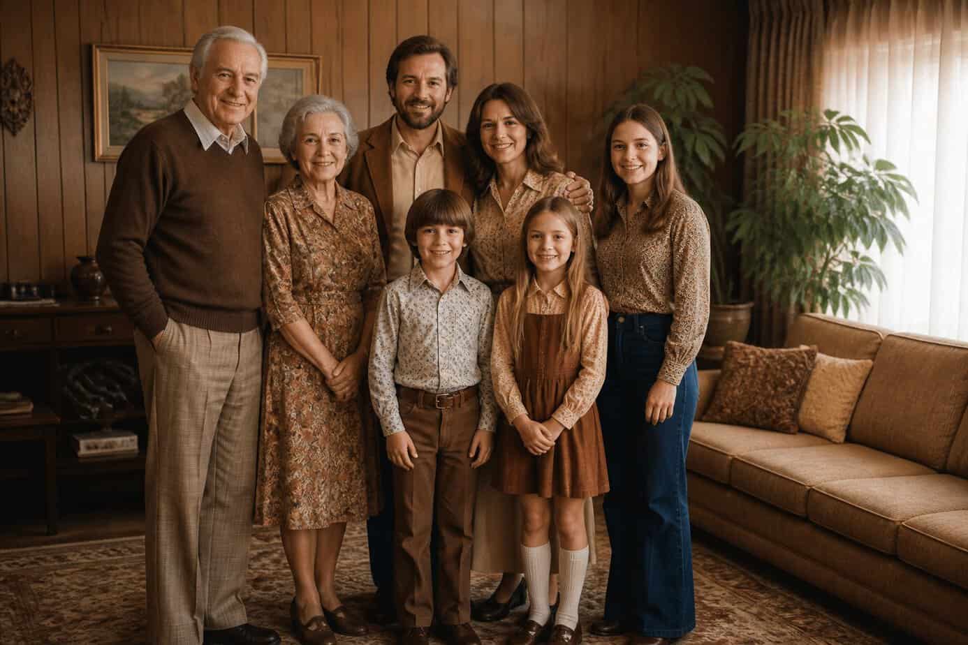A multigenerational family standing together in a living room, smiling and posing for a photo.